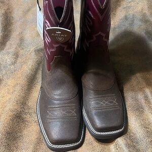 Ariat Brown and Burgundy Leather Cowboy Boots with Square Toe